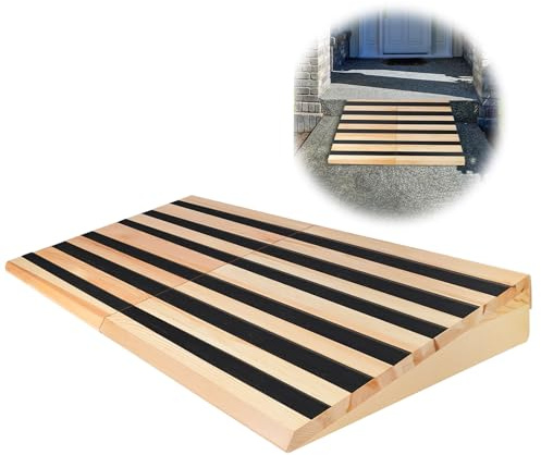 Wooden Threshold Ramp for Home Steps, 5 Rise Doorway Ramp for Wheelchair/Walker/Cart/Scooter, Multipurpose Door Ramp with Non-Slip Stripes(35.4 W*5.0 H, Solid Wood, 800LBs Capacity)