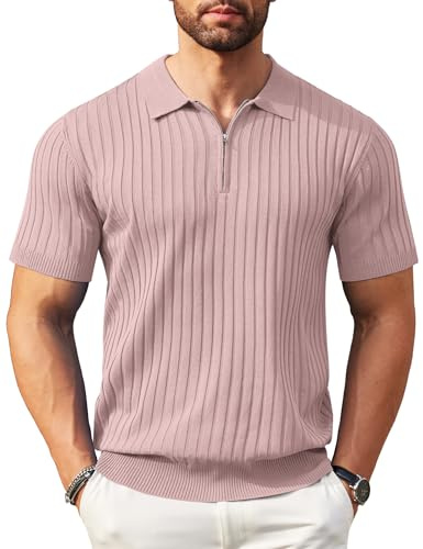 Coofandy Polo de Manga Corta con Cremallera para Hombre, de Punto Acanalado, a la Moda, Informal, para Golf, Rosado, XX-Large