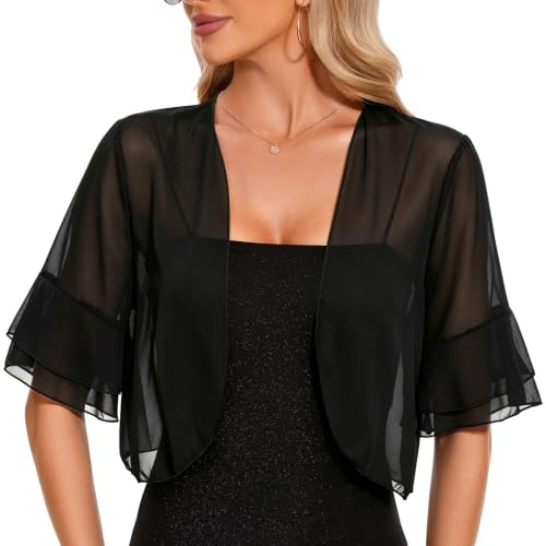 Atxnn Femme Boléro Chic et Elegant Cardigan Court en Mousseline à Manches Courte D'été à Manches Évasées Veste Transparent Cardigan Tops pour Robe Bretelle Mariage