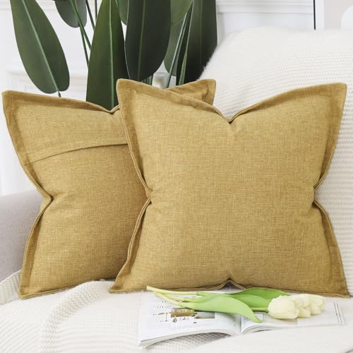 MADIZZ Set med 2 Senapsgul Imiterad linne kuddfodral med bred kant, mjuka bohemiska dekorativa kuddfodral för sovrummet, modern kuddskal för soffa 45x45 cm