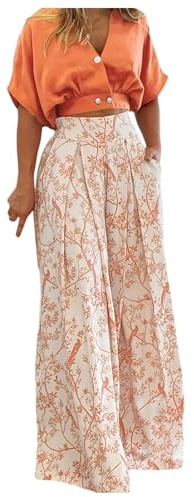 Ensemble 2 pièces pour femme - Élégant - Pantalon festif - Impression mode - Combinaison 2 pièces - Chemisier - Chemise + taille haute - Pantalon large - Pantalon d'été - Lounge - Combinaison