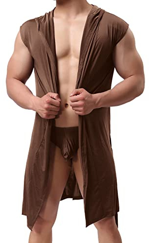 Vêtements de nuit Ensemble sexy 2 pièces : peignoir d'été léger pour homme - Cadeaux pour hommes Court Curvy Transparent avec short Robe avec ceinture Couleur unie légère et fine Chemise de nuit
