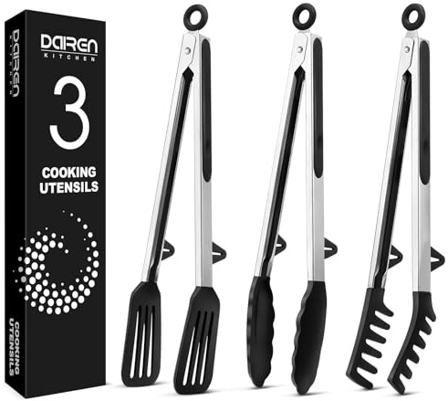 Pinze da cucina per cucinare, punta in silicone antigraffio da 30,5 cm, per padelle antiaderenti, mini pinze da portata per uso alimentare, chiusura a strappo, set di 3, nero