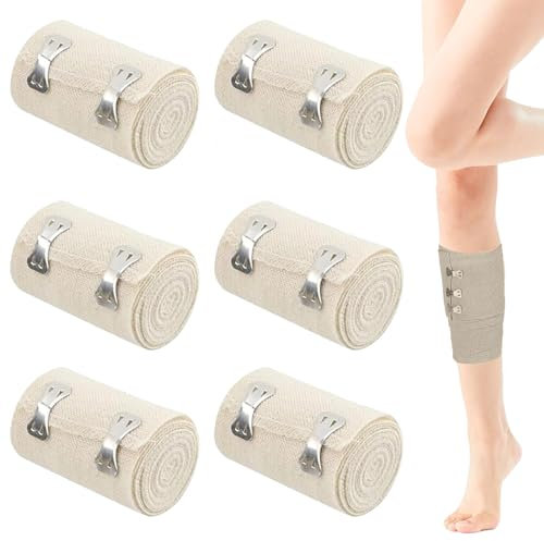 Elastic Bandage, 6 Rolls Compression With Metal Clips, Support Elastic Rolls, Wrapped Gauze, Sports Training Restraint Strap for Ankles, Wrists, Legs, Elbows, and Knees