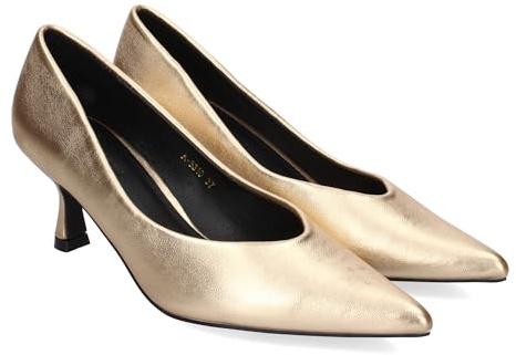 85497 Zapato de Tacon para Mujer, Estilo Salon Comodos y Elegantes, con Tacon y Punta Fina. Oro Talla 38