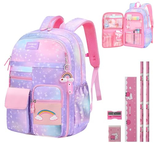 Aedcbaide School Bags for Girls with Stationery Set, Refrigerator Door Kids Backpack Rucksack for Primary School, Lightweight Pink School Bag for 8-10 Years Old (Girls, Gradient Purple)