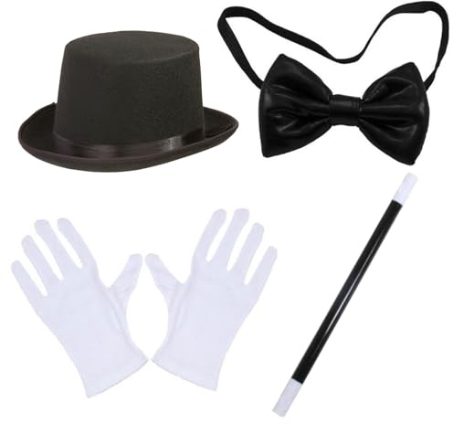 Hperu 4 st/set trollkarlskostym halloween magikerkit med hög hatt, trollstav, handskar och fluga trollkarl kostym vuxen för kostymfester, cosplay och temaevenemang, trollkarlshatt, fedoras