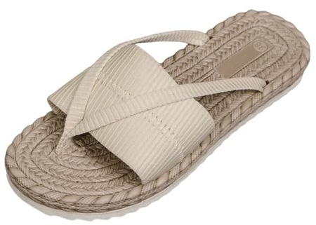 Generisk flip flops damer halm slip-on tåsandaler espadrill sandaletter peep-tå sandaler med tåseparator platta tofflor enfärgade tofflor halkfria pantoletter ihåliga damsandaler storlek 36–43, Beige