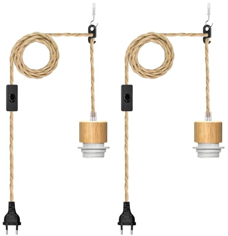 2 Piezas Cáñamo Lámpara Colgante Base, DIY Iluminación Colgante con 500CM Cuerda de Cáñamo, Portalámparas Lámpara de Luz Compatible Pantalla, E27 Lámpara de Techo con Interruptor y Enchufe
