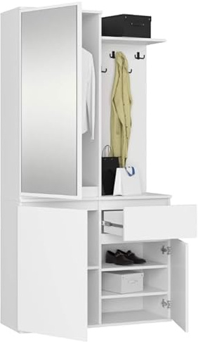 BDW ENTRO - Set appendiabiti da corridoio con armadietto a specchio, 95 x 183 x 35 cm, portascarpe (bianco)