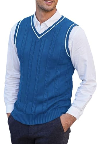 Gilet di lana da uomo gilet in maglia con scollo a V senza maniche pullover tinta unita gilet casual maglione canotta intrecciata a maglia vestibilità regolare gilet invernale gilet slim fit, Blu, L