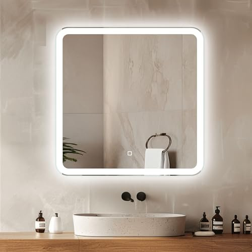 Venti 60x60cm Badspiegel mit Beleuchtung, Badezimmerspiegel mit Beleuchtung, LED Badspiegel, Quadratischer Spiegel, Beleuchteter Wandspiegel, Bad Spiegel mit Licht, Badezimmerspiegel mit Touchschalter