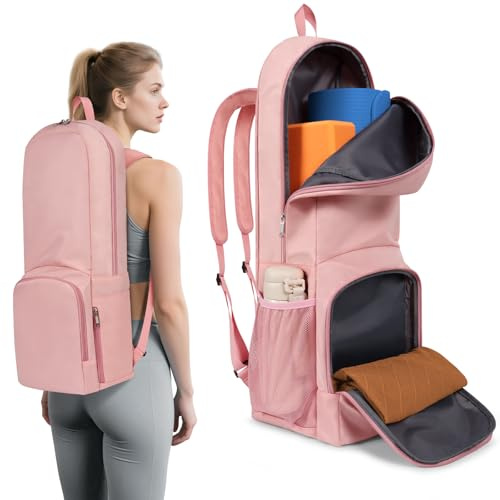Tangoner Yoga Mat Bag Carrier Zipper Closure Multi Functional Essential Pockets Exercise Yoga Mat Holder Backpack (Pink)
