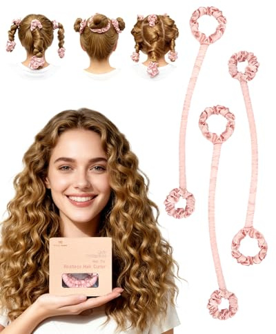 BONNET QUEEN Bigodini Morbidi per Dormire Satin Bigodino Lungo per Boccoli Arricciacapelli Senza Calore Hair Curler Heatless Curls con Scrunchie, Piccolo Lungo 30cm, 3PZS, Rosa Crema