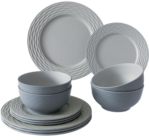 Service de table en mélamine pour 4 personnes - 12 pièces - Aspect faïence élégant en gris - Vaisselle de camping - Passe au lave-vaisselle - Vaisselle de camping