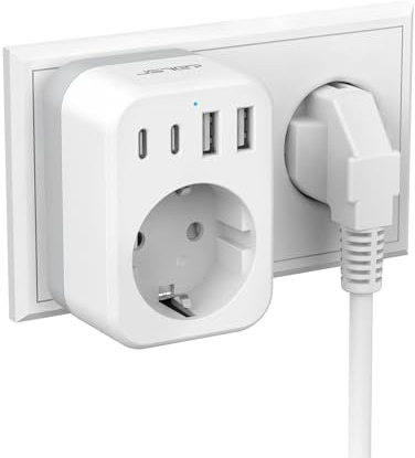JSVER Ladron Enchufes con USB C, 5 en 1 Compañero de Viaje Ladrón Enchufes Multiples con 4 Puertos de Carga USB (5 V/3,4 A), Cargador Multiple 4000W para iPad, iPhone y Tabletas