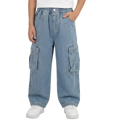 Tokeya Jeans Baggy Ragazzo Bambino Pantaloni Cargo Denim con Tasche Multiple Vita Elasticizzata Gamba Dritta Larghi Stretch Jeans Cargo Casual Vintage Streetwear per Ragazzi 9-10 Anni, Blu Chiaro
