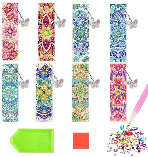 JXBBAAC Diamond Painting Mandala, 8PCS Marcapágina Pintura Diamante Mandala Kit Manualidade DIY Marcapagina Diamond Painting 5D con Colgante de Cristal Regalos de Cumpleaños para Niña