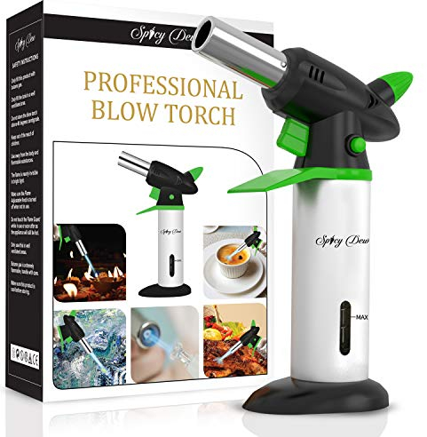 Spicy Dew Blow Torch - Creme Brulee Torch - Refillable Professional Culinary Kitchen Torch with Safety Lock and Adjustable Flame - Micro Butane Torch with Fuel Gauge - Cooking Food Torch