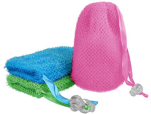 Linkidea Confezione da 3 sacchetti per sapone, esfolianti, in spugna, con coulisse, per bagno e doccia (tre colori casuali)