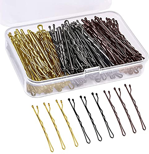 OWill Horquillas pelo mujer 150 unidades surtidas (negro, marrón y dorado), horquillas pelo onduladas de metal 5 cm, horquillas moño y recogidos, clips pelo con caja portátil 9×6×2 cm