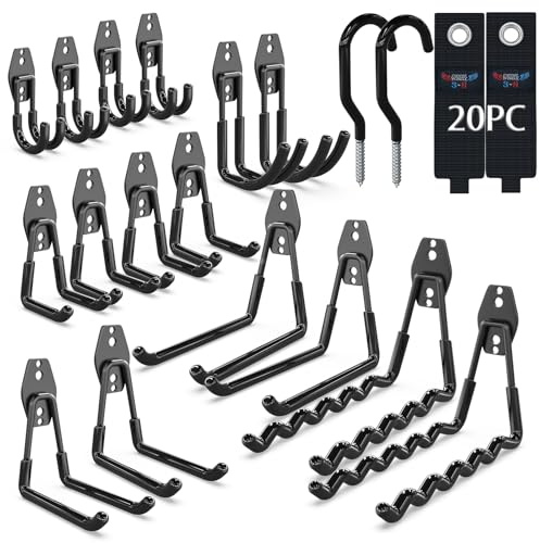3-H Garage Wall Hooks 20 Pack,Garage Hooks Heavy Duty,Garage Storage Hooks for Hanging and Organizing Garden,Lawn,Yard Tools,Chairs,Ladders,Weed Eater,Shovel,Blower(Black?)