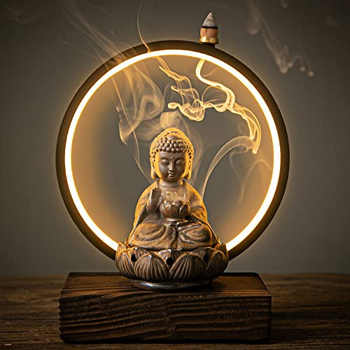 Bruciatore di incenso in ceramica a cascata a forma di Buddha, cinese, a flusso inverso, con luce LED, coni di incenso per decorazione casa e ufficio (Marrone)