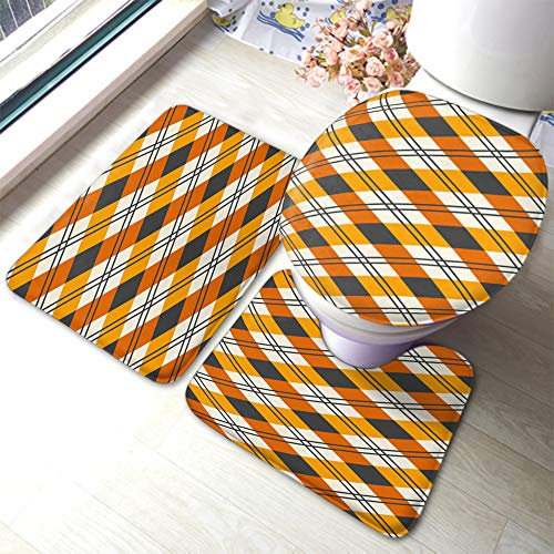 rutschfeste 3 Badteppich Set Orange Weißes Und Graues Buffalo Checkers Plaid Grafikdesign In Leuchtenden Farben Teppich Wasserabsorbierend rutschfeste Fußmatte Set, Für Wohnzimmer, Wc-Sitz Bezug