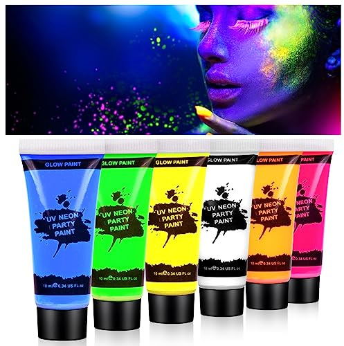 AOOWU Peinture Corporelle, 6 * 10 ML UV Glow Lot de 6 Tubes de Peinture Fluorescente pour Le Visage et Le Corps, Halloween Noël Maquillage Fluo