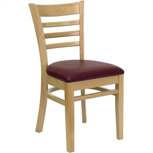 Pemberly Row Ladder Back Dining Chair, 33.75 H, Natural Wood Frame, Burgundy Vinyl Upholstered Seat, Solid European Beech Hardwood, Foam Padding, Indoor Use, Durable Restaurant or Home Dining Room