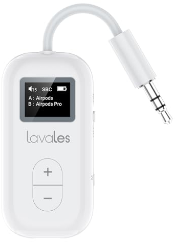 Lavales Bluetooth 5.3 Sender Klinke für 2 Airpods/Kopfhörer, Bluetooth Adapter Transmitter aptX Low Latency/Adaptive, 25H Spielzeit, 3,5mm AUX Audio Splitter für Switch, Flugzeug, TV, Tablets