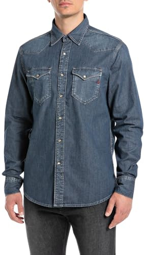 Replay Camicia in Jeans da Uomo, vestibilità Regolare, 007 Blu Scuro., S