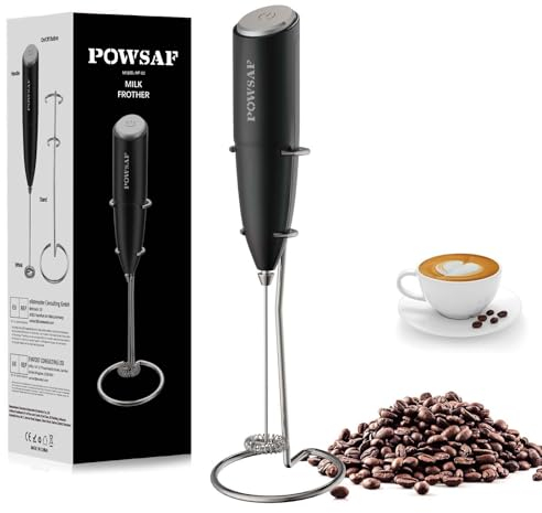 POWSAF Espumador de Leche, Batidor Leche Espuma con Soporte, 13000 RPM, Espumadera de Electrico, Batidora para Café, Latte, Cappuccino, Negro