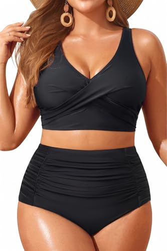 Aqua Eve Traje de baño de Dos Piezas para Mujer, Talla Grande, Conjunto de Bikini de Cintura Alta, con Control de Abdomen | Conjunto de bikini de cobertura completa, tirantes ajustables, copas extraíbles, cuello en V, parte delantera torcida