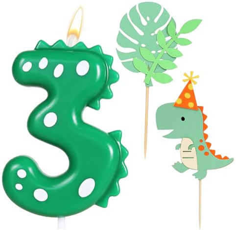 Ronoza Födelsedagsljus siffror 3, dinosaurieljus födelsedag, födelsedagsljus, födelsedagsljus för tårta, ljus 3, gröna stearinljus, med 2 stycken dinosaurier, Happy Birthday-tårtdekorationer