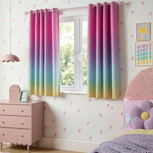 OHS 2 Panel Blackout Curtains Eyelet, Soft Fabric Colourful Ombre Design Kids Blackout Thermal Insulated Curtains For Bedroom or Playrooms, Multi-66x54In