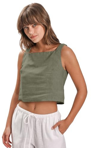 Amazhiyu Women's 100% Linen Vest Tops, Summer Square Neck Sleeveless Blouse
