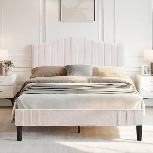 VECELO Double Bed Frame, 4ft6 Upholstered Platform with Adjustable Teddy Fabric Headboard, Strong Wood Slats, 20cm Under-Bed Storage, Noise-Free, No Box Spring Needed, Beige