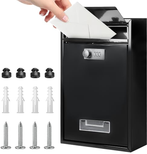 Aicharynic Buzón de acero resistente a la lluvia: Buzón de acero montado en la pared, buzón seguro con cerradura de combinación para casa jardín para exteriores (negro 8,4 x 21,7 x 30,2 cm)