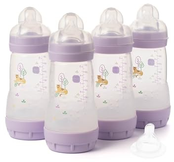MAM Easy Start Anti-Colic Baby Bottles | 4 Pack (4X 260ml) | Self-Sterilising Baby Milk Bottle | Medium Flow MAM Teats Size 2 + 1x Fast Flow Teat Size 3 | Iris (Various Designs)