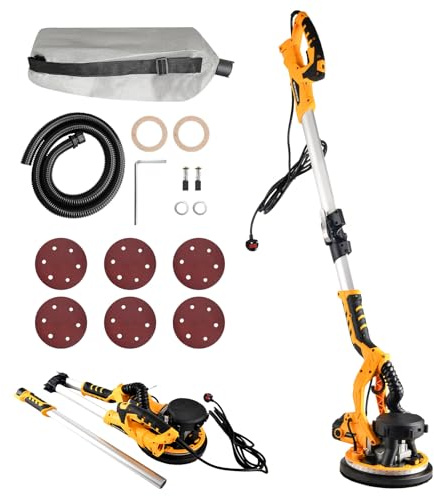 Drywall Sander, 1250W Polo Dry Wall Sanders with Vacuum Dust Collection/LED Light, 5 Speed 800-2200RPM 6Pcs Sanding Discs Extendable Electric Sanding Machine for Walls Ceiling (Drywall Sander)