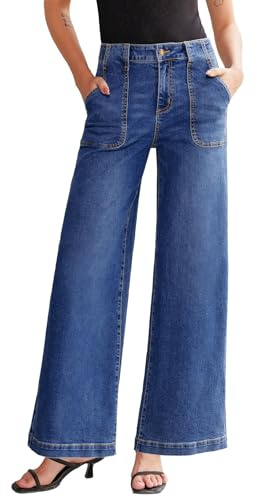 Sidefeel Womens Wide Leg Jeans High Waisted Stretchy Straight Leg Baggy Denim Pants with Pockets Dark Blue Size 12
