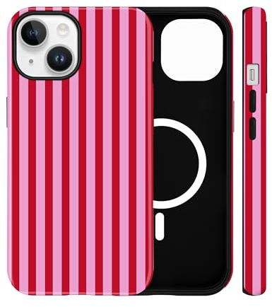 Jusy Mobiltelefonfodral magnetiskt för iPhone 14/iPhone 13 fodral, estetisk randig sommarmönster motiv design, kompatibel med MagSafe tvåskikts stötsäkert stötdämpande fodral, röd