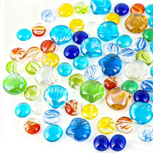Rdlobu 500 g Colourful Glass Stones for Children, Muggle Stones Colourful Children, Glass Nuggets Decoration for Aquarium, Vase Filler, Treasure Hunt, Home Decoration (Shells and Circles)