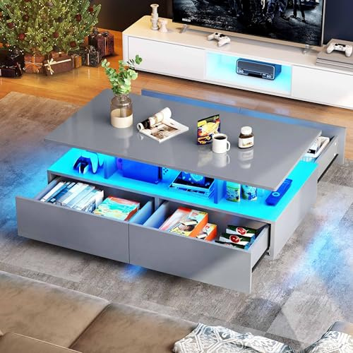 YITAHOME Tavolino Grigio, Tavolino da Soggiorno Lucido con Illuminazione LED a 16 Colori Moderna, Tavolino Bianco con Scaffale Espositivo Aperto e 4 Cassetti Estraibili 90x55x41,1 cm