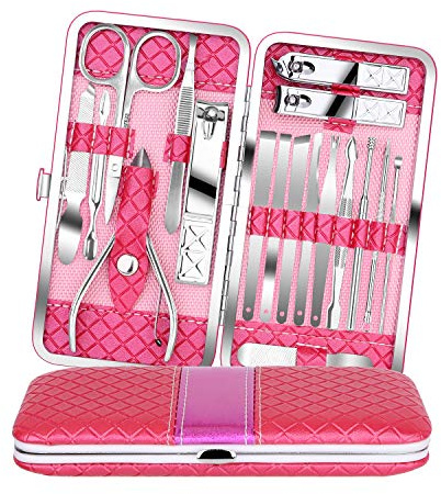 Teamkio 18pcs Manicure Set Pedicure Nail Clippers Set Travel Hygiene Kit Stainless Steel Professional Cutter Care Set Scissor Tweezer Knife Ear Pick Tools Grooming Kits with Leather Case
