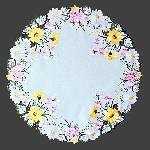 Tischdecke Tischläufer Deckchen Mitteldecke rund Frühling Ostern Bestickt mit bunten Blumen auf cremefarbenem Untergrund (60 cm rund)