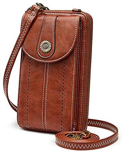 S-ZONE Damen Handy Umhängetasche PU Leder RFID Blockierung Vintage Handytasche mit Geldbörse zum Umhängen mit Kartenfächer Verstellbar Abnehmbar Schultergurt für Handy unter 6,7