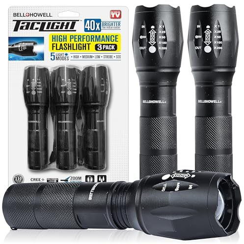 TacLight 3 Pk Tactical Flashlights High Lumens 40x Brighter than Regular Flash Light, SoS Strobe, Zoomable, Aircraft Grade Heavy Duty, Waterproof, Battery Powered, for Emergencies Power Outage Camping