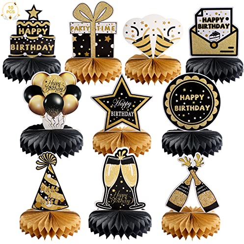 Ruicaifu 10 PCS Birthday Decorations, Happy Birthday Table Decorations Supplies Birthday Honeycomb Centerpieces Birthday Table Toppers for Birthday Party Favor Photo Booth Props, Black and Brown